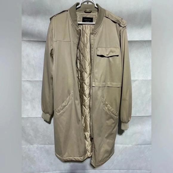 ZARA MAN Tan Khaki Satin Bomber Jacket Size Large Zipper Office Business Casual